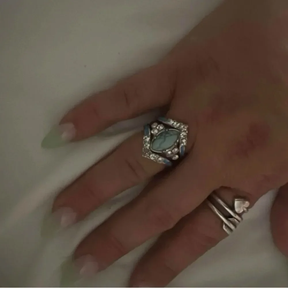 Western Bohemian Navajo Turquoise Wedding Engagement Ring Diamond Ring Set - Picture 10 of 12